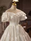 White Satin Lace Knee Length Prom Dress, A-Line Off the Shoulder Evening Party Dress HZ0429
