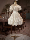 White Satin Lace Knee Length Prom Dress, A-Line Off the Shoulder Evening Party Dress HZ0429