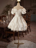 White Satin Lace Knee Length Prom Dress, A-Line Off the Shoulder Evening Party Dress HZ0429