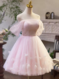 Pink Tulle Off the Shoulder Party Dress, A-Line Knee Length Evening Dress HZ0429