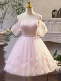 Pink Tulle Off the Shoulder Party Dress, A-Line Knee Length Evening Dress HZ0429