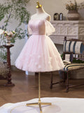 Pink Tulle Off the Shoulder Party Dress, A-Line Knee Length Evening Dress HZ0429