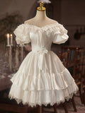 White Satin Lace Knee Length Prom Dress, A-Line Off the Shoulder Evening Party Dress HZ0429