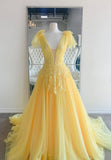Yellow V-Neck Lace Long Prom Dresses, A-Line Evening Dresses HZ0429
