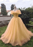 Yellow Tulle Long Prom Dresses, A-Line Evening Dresses HZ0429