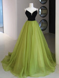 Black Velvet and Green Tulle Long Prom Dress, Green V-Neck Evening Dress HZ0429
