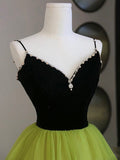Black Velvet and Green Tulle Long Prom Dress, Green V-Neck Evening Dress HZ0429