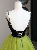 Black Velvet and Green Tulle Long Prom Dress, Green V-Neck Evening Dress HZ0429