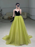 Black Velvet and Green Tulle Long Prom Dress, Green V-Neck Evening Dress HZ0429