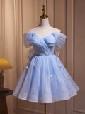 Blue Tulle Short A-Line Prom Dress, Lovely Off the Shoulder Party Dress HZ0429