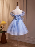 Blue Tulle Short A-Line Prom Dress, Lovely Off the Shoulder Party Dress HZ0429