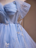 Blue Tulle Short A-Line Prom Dress, Lovely Off the Shoulder Party Dress HZ0429