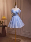 Blue Tulle Short A-Line Prom Dress, Lovely Off the Shoulder Party Dress HZ0429