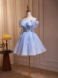 Blue Tulle Short A-Line Prom Dress, Lovely Off the Shoulder Party Dress HZ0429