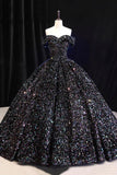 Glitter Black Princess Prom Dress, Off Shoulder Floor Length Ball Gown HZ0429