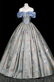 Elegant Blue Floral Jacquard Corset Gown, Sweetheart Neck Puffy Sleeve Formal Dress for Party Prom HZ0429