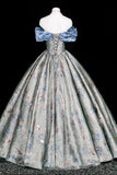 Elegant Blue Floral Jacquard Corset Gown, Sweetheart Neck Puffy Sleeve Formal Dress for Party Prom HZ0429