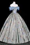 Elegant Blue Floral Jacquard Corset Gown, Sweetheart Neck Puffy Sleeve Formal Dress for Party Prom HZ0429