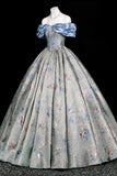 Elegant Blue Floral Jacquard Corset Gown, Sweetheart Neck Puffy Sleeve Formal Dress for Party Prom HZ0429