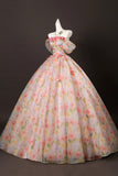 Off-the-Shoulder Floral Print Ball Gown with 3D Flowers Prom Formal Dress HZ0429