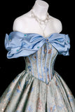 Elegant Blue Floral Jacquard Corset Gown, Sweetheart Neck Puffy Sleeve Formal Dress for Party Prom HZ0429