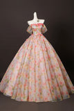 Off-the-Shoulder Floral Print Ball Gown with 3D Flowers Prom Formal Dress HZ0429