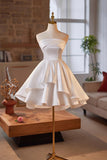 White Strapless Satin Short Prom Dress, White A-Line Party Dress HZ0429