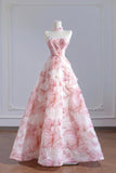 Pink Sequins Long A-Line Prom Dress, Beautiful Strapless Evening Party Dress HZ0429