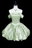 A-Line Green/Green Satin Off-Shoulder Mini Prom Dress with Bow Details HZ0429