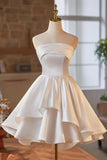 White Strapless Satin Short Prom Dress, White A-Line Party Dress HZ0429