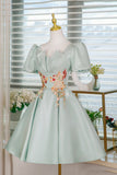 Light Green Satin Lace Short Prom Dress, A-Line Short Sleeve Party Dress HZ0429