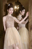 Champagne Tulle Beads Short Prom Dress, Lovely A-Line Hight Low Party Dress HZ0429