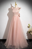 Pink Satin Tulle Long Prom Dress, Pink A-Line Evening Party Dress HZ0429