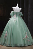Green Tulle Flower Long Prom Dress, A-Line Off the Shoulder Evening Party Dress HZ0429