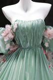 Green Tulle Flower Long Prom Dress, A-Line Off the Shoulder Evening Party Dress HZ0429