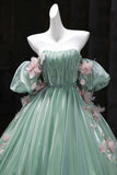 Green Tulle Flower Long Prom Dress, A-Line Off the Shoulder Evening Party Dress HZ0429