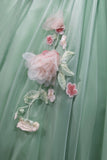 Green Tulle Flower Long Prom Dress, A-Line Off the Shoulder Evening Party Dress HZ0429