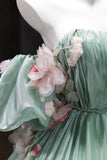 Green Tulle Flower Long Prom Dress, A-Line Off the Shoulder Evening Party Dress HZ0429