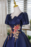 Navy Satin Lace Short Prom Dress, A-Line Short Sleeve Party Dress HZ0429