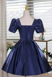 Navy Satin Lace Short Prom Dress, A-Line Short Sleeve Party Dress HZ0429