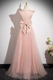 Pink Satin Tulle Long Prom Dress, Pink A-Line Evening Party Dress HZ0429