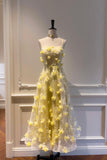 Yellow Tulle Flowers Tea Length Prom Dress, Lovely A-Line Party Dress HZ0429