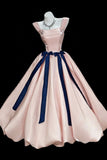 Pink Satin Ballgown with Navy Ribbon Waist, A-Line Formal Evening Gown HZ0429