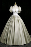 Gray Green Satin Long Prom Dress, Elegant Short Sleeve Evening Party Dress HZ0429