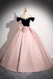 Black Velvet and Pink Satin Long Prom Dress, A-Line Off the Shoulder Party Dress HZ0429