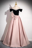 Black Velvet and Pink Satin Long Prom Dress, A-Line Off the Shoulder Party Dress HZ0429