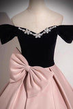Black Velvet and Pink Satin Long Prom Dress, A-Line Off the Shoulder Party Dress HZ0429