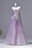 Purple Floral Embellished Tulle Prom Gown with Sheer Overlay | Strapless Formal Evening Dress HZ0429