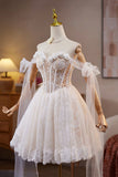 Ivory Lace Flower Pearl Birthday Short Party Dress, Lovely A-Line Prom Dress HZ0429