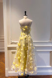 Yellow Tulle Flowers Tea Length Prom Dress, Lovely A-Line Party Dress HZ0429